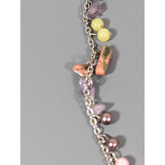 Boho Stone And Faux Pearl Charm Cluster Dainty Necklace Silver Tone 19" - Picture 5 of 9